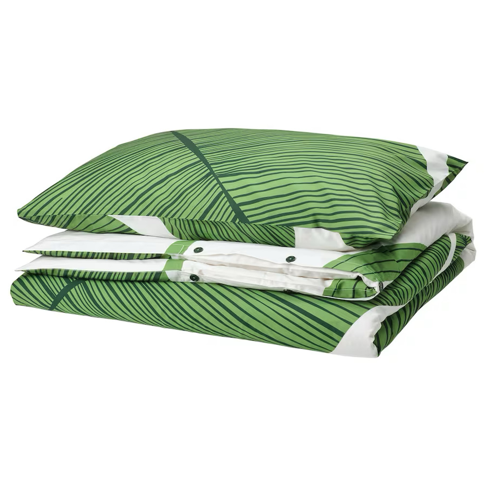 IKEA KUNGSCISSUS Duvet Cover & Pillowcase, White/Green, Twin (505.650.77) NEW